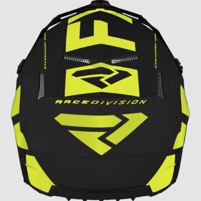 Capacete de motocross preto e amarelo com inscrições e padrões geométricos