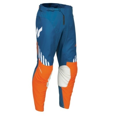 Calças de motocross azul, laranja e branco com texto RACE