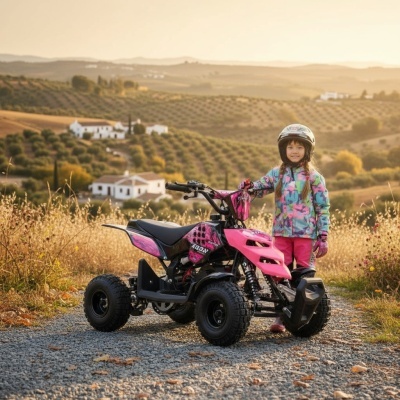 Criança de capacete ao lado de quadriciclo cor-de-rosa e preto numa estrada de terra rural