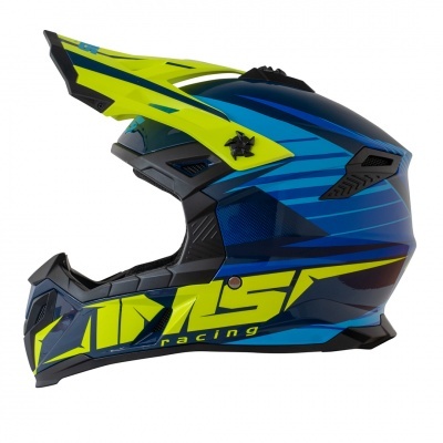 Capacete motocross azul, preto e amarelo fluorescente com texto MSR racing