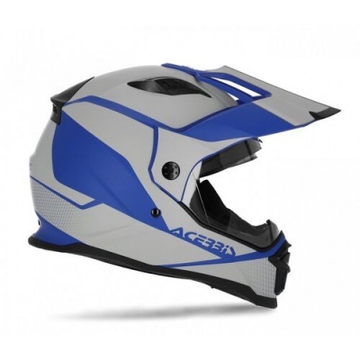 Capacete de motocross cinzento e azul com visor prolongado