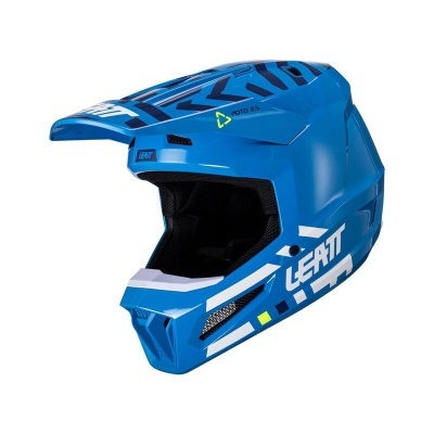 Capacete integral azul com interior preto e texto LEATT branco