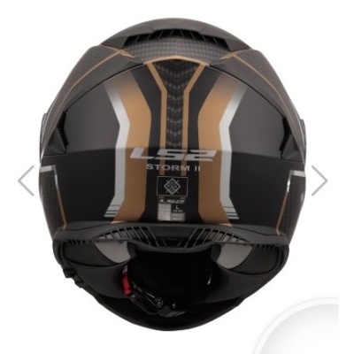 Capacete LS2 Storm II preto com design dourado e cinza e etiqueta L
