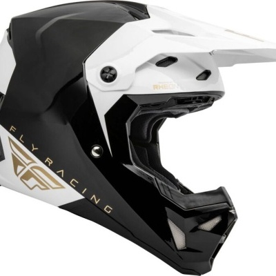 Capacete integral preto e branco com texto Fly Racing em dourado