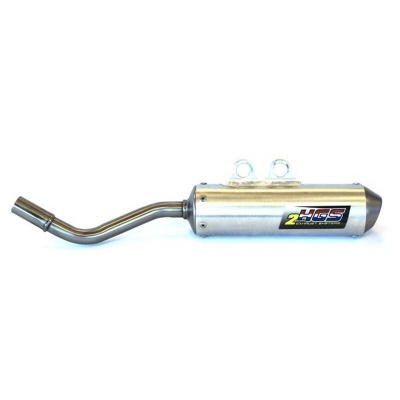 Escapamento de moto em metal prateado com etiqueta HGS