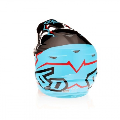 Capacete integral motocross azul claro com detalhes vermelhos e pretos