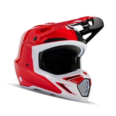 Capacete integral vermelho, branco e preto para motocross com visor e grelha frontal