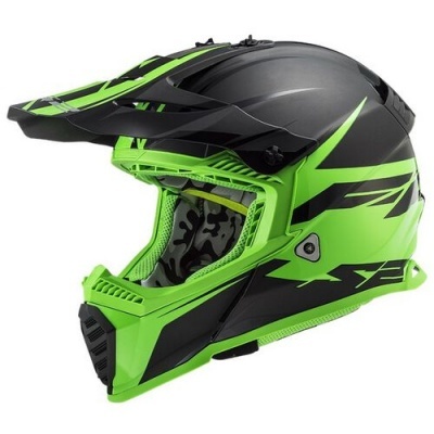 Capacete de motocross preto e verde com detalhes gráficos