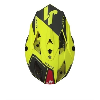 Capacete amarelo e preto com texto JUST1 e VERTIGO