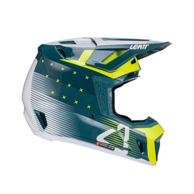 Capacete integral motocross verde e amarelo com texto LEATT e DBX 4.0