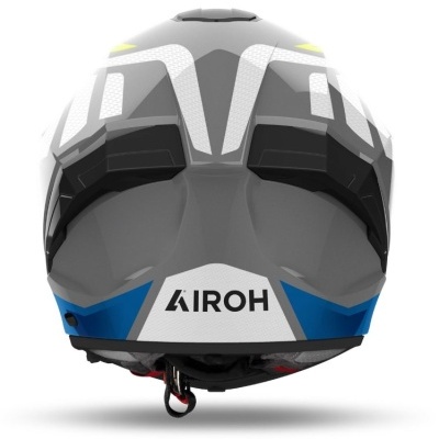 Capacete de moto cinza, preto, branco e azul com logo AIROH