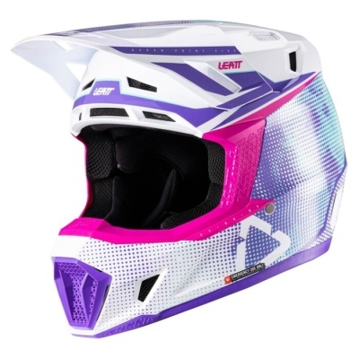 Capacete integral de motocross branco, roxo, rosa e azul com textura pontilhada e interior preto acolchoado