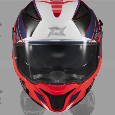 Capacete integral vermelho, branco, azul e preto para motociclista com viseira