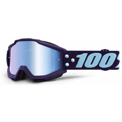 Óculos de proteção roxos com lentes espelhadas azuis e banda preta com texto azul '100%'