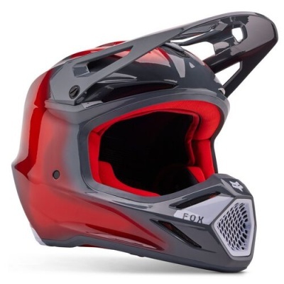 Capacete integral vermelho e cinza com forro vermelho e viseira preta.