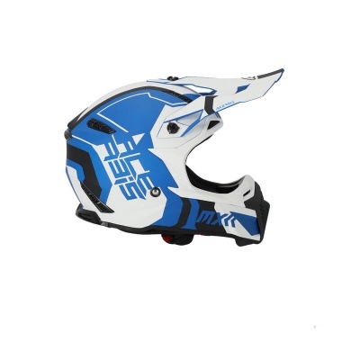 Capacete de motocross azul, branco e preto com visor e ventilação