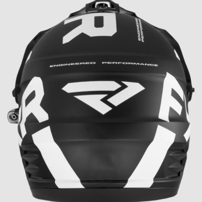 Capacete preto com texto branco e padrões geométricos brancos