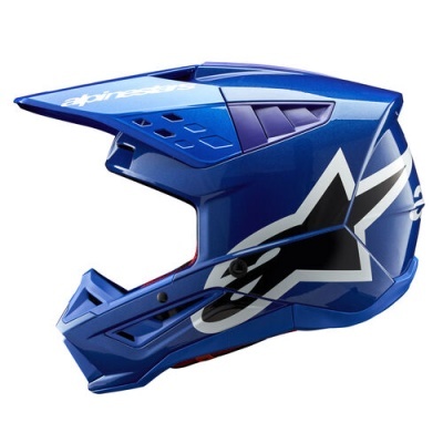 Capacete integral azul com detalhes brancos e pretos e texto alpinestars no visor