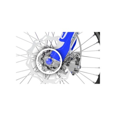 Disco de travão de bicicleta metálico com caliper cinzento e armação azul