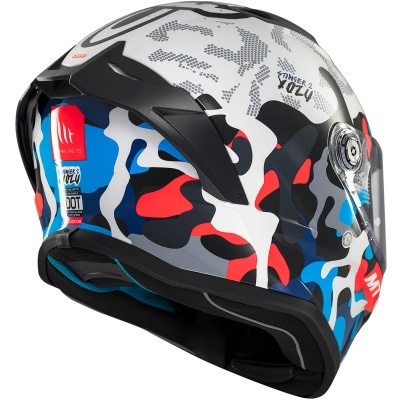 Capacete integral com padrão camuflado em azul, vermelho, branco e preto