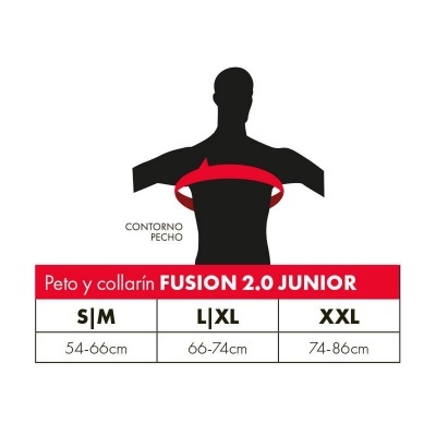 Tabela de tamanhos de peito para Fusion 2.0 Junior com três categorias S/M, L/XL e XXL.
