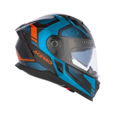 Capacete integral azul com detalhes em preto e laranja e viseira transparente