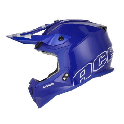 Capacete motocross azul com textos ACERBIS e ACES