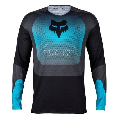 Camisola desportiva preta, cinza e azul com estampa de raposa e texto FOX RACING CO. PRODUCT