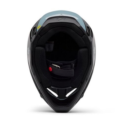 Capacete de mota preto e cinzento visto de frente com interior acolchoado