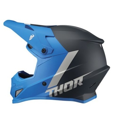 Capacete integral azul e preto para motocross com inscrição THOR