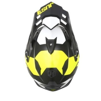 Capacete motocross preto e amarelo com texto LSMR