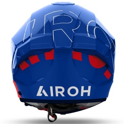 Capacete azul AIROH com detalhes vermelhos e texto branco