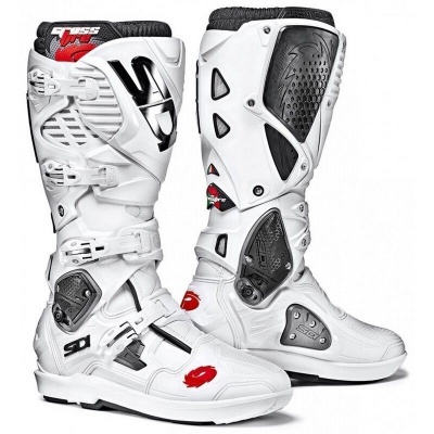Botas de motocross brancas com detalhes pretos e vermelhos