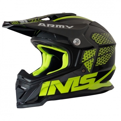 Capacete de motocross preto e verde com texto 'ARMY' e 'IMS'