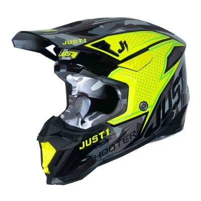 Capacete integral motocross preto e amarelo com texto JUST1 e padrão camuflado