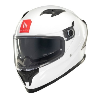 Capacete integral branco para motocicleta com viseira escura e etiqueta vermelha MT HELMETS