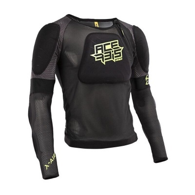 Colete de proteção desportivo preto e cinzento com texto amarelo ACE 295