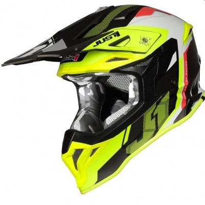Capacete de motocross amarelo fluorescente, preto, branco e vermelho com visor ajustável