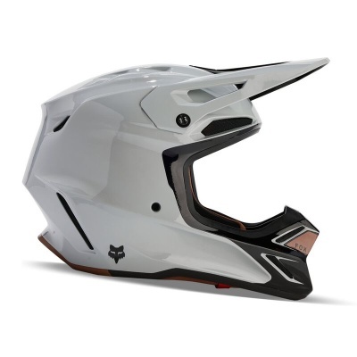 Capacete integral branco para motocross com texto FOX e logótipo da raposa