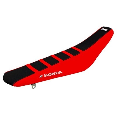 Assento de mota vermelho e preto com texto Honda
