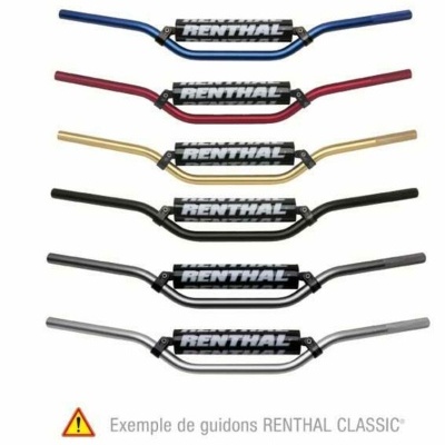 Seis guiadores de motocross Renthal em várias cores com almofadas pretas e texto branco