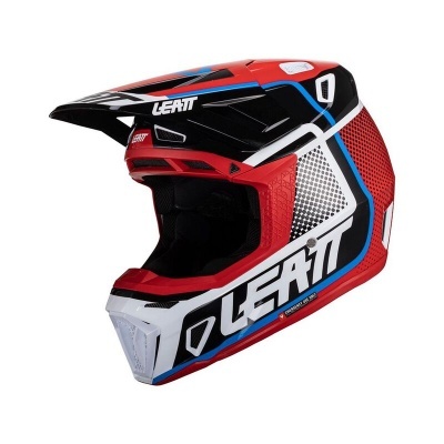 Capacete integral de motocross preto, vermelho e branco com logótipo LEATT