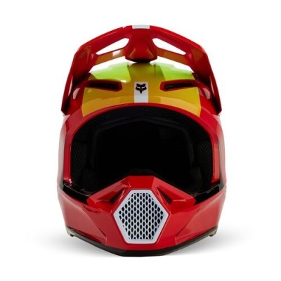 Capacete integral vermelho, amarelo e branco com grelha branca frontal.