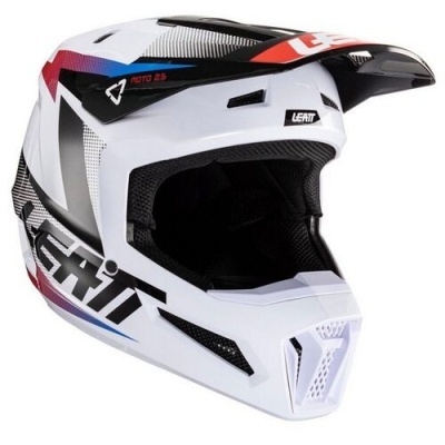 Capacete de motocross branco com detalhes em preto, vermelho e azul e textos LEATT, ROTO 25 e LS2