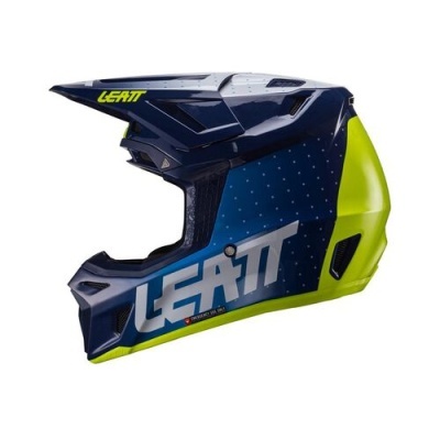 Capacete integral azul, amarelo e cinza com marca LEATT