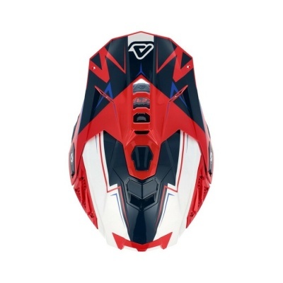 Capacete motocross vermelho, azul-escuro e branco com padrões geométricos