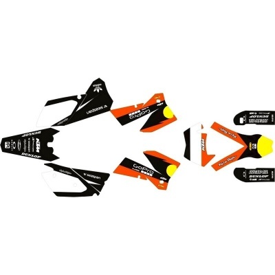 Autocolantes de motocicleta com preto, branco, laranja e amarelo, texto GoPro, Dunlop, KTM