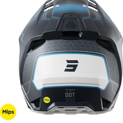 Capacete preto com detalhes azuis, cinzas e brancos visto por trás