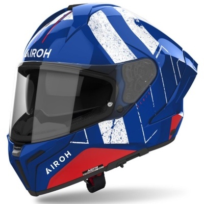 Capacete de mota integral azul com detalhes em branco e vermelho e visor transparente