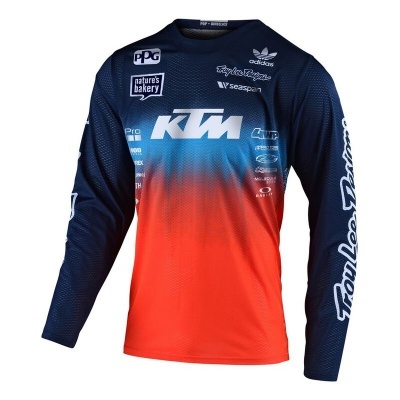 Camisola motocross azul escuro para vermelho com logos KTM e Troy Lee Designs